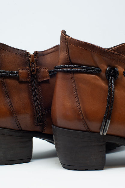 Women's Genuine Brown Leather Blocked Mid Heeled Ankle Boots with Round Toe