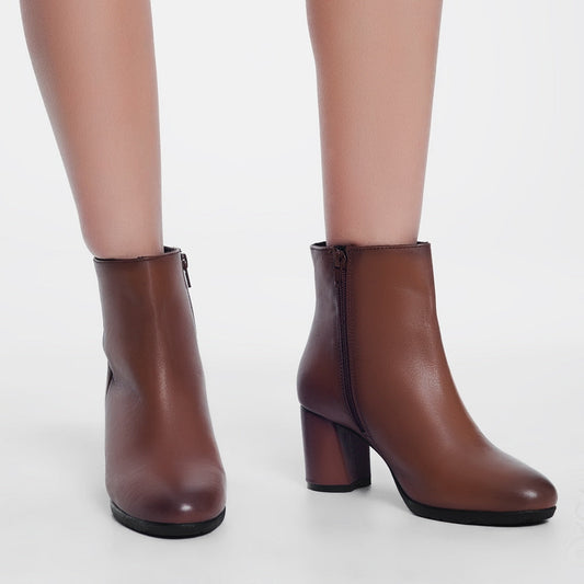 Women's Sleek Brown Genuine Leather Blocked Mid Heeled Zipper Ankle Boots