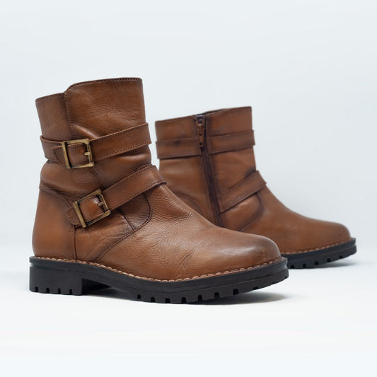 Women's Brown Genuine Leather Mid Calf Gold Buckled Boots