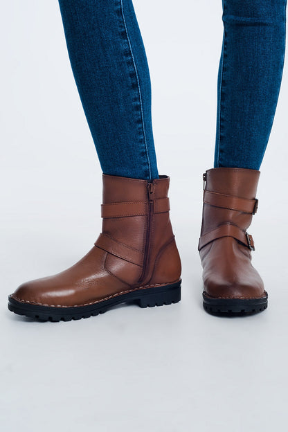 Women's Brown Genuine Leather Mid Calf Gold Buckled Boots