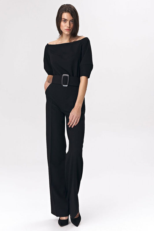 Women's Elegant Black Jumpsuit With Boat Neckline & Belted Waist - Lovez Aqua© - 
