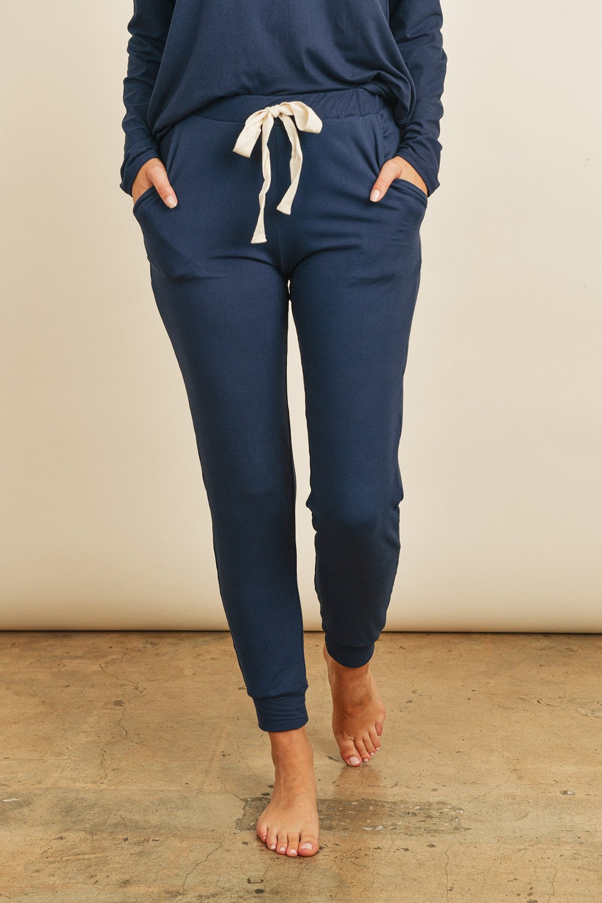 Women's Casual Solid Color Brushed Top & Jogger Bottom Set with Self Tie - Lovez Aqua© - 