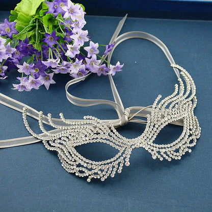 Women's Silver Rhinestone Delicate Filigree Venetian Masquerade Mask - Lovez Aqua© - 