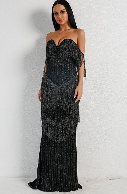 Strapless Black Evening Gown with Sweetheart Neckline & Tiered Fringe Detailing - Lovez Aqua© - 