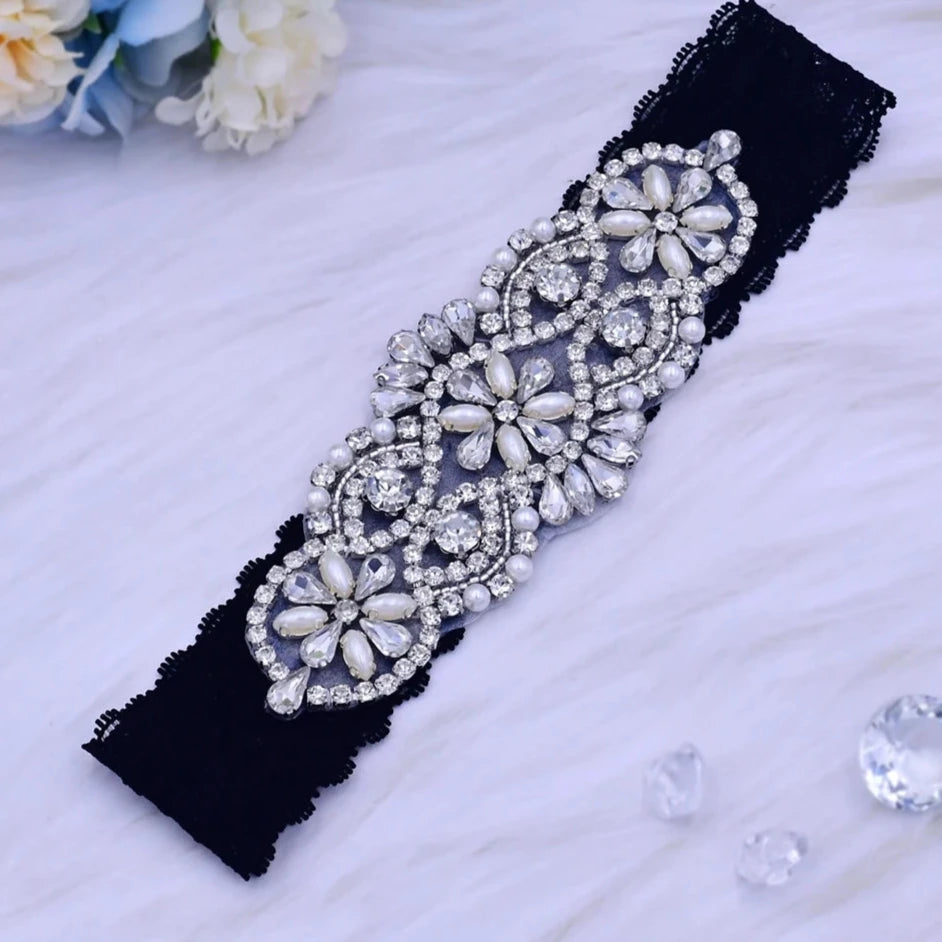 Women's Rhinestone & Pearl Embellished Floral Lace Bridal Garter Belt - Lovez Aqua© - 5