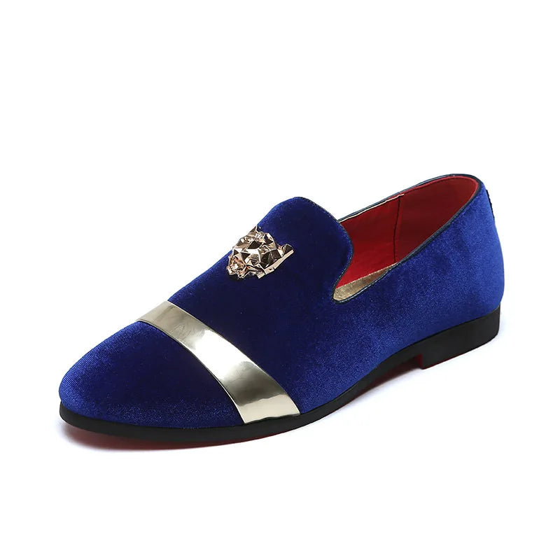 Men's Gold Trimmed Slip-On Loafer Dress Shoes with Gold Tiger Emblem - Lovez Aqua© - 