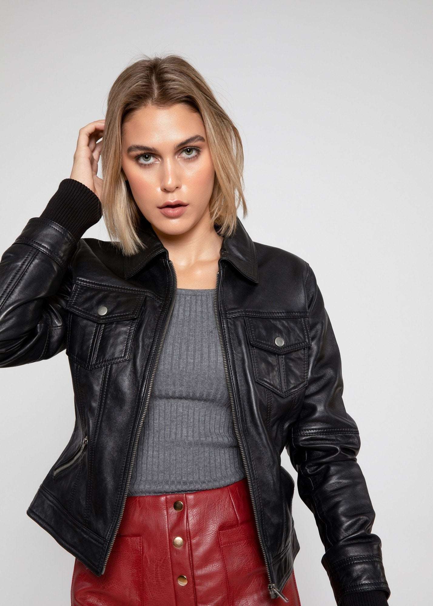 Women's Genuine Lambskin Leather Jacket with Fleece Hoodie & Pockets - Lovez Aqua© - 