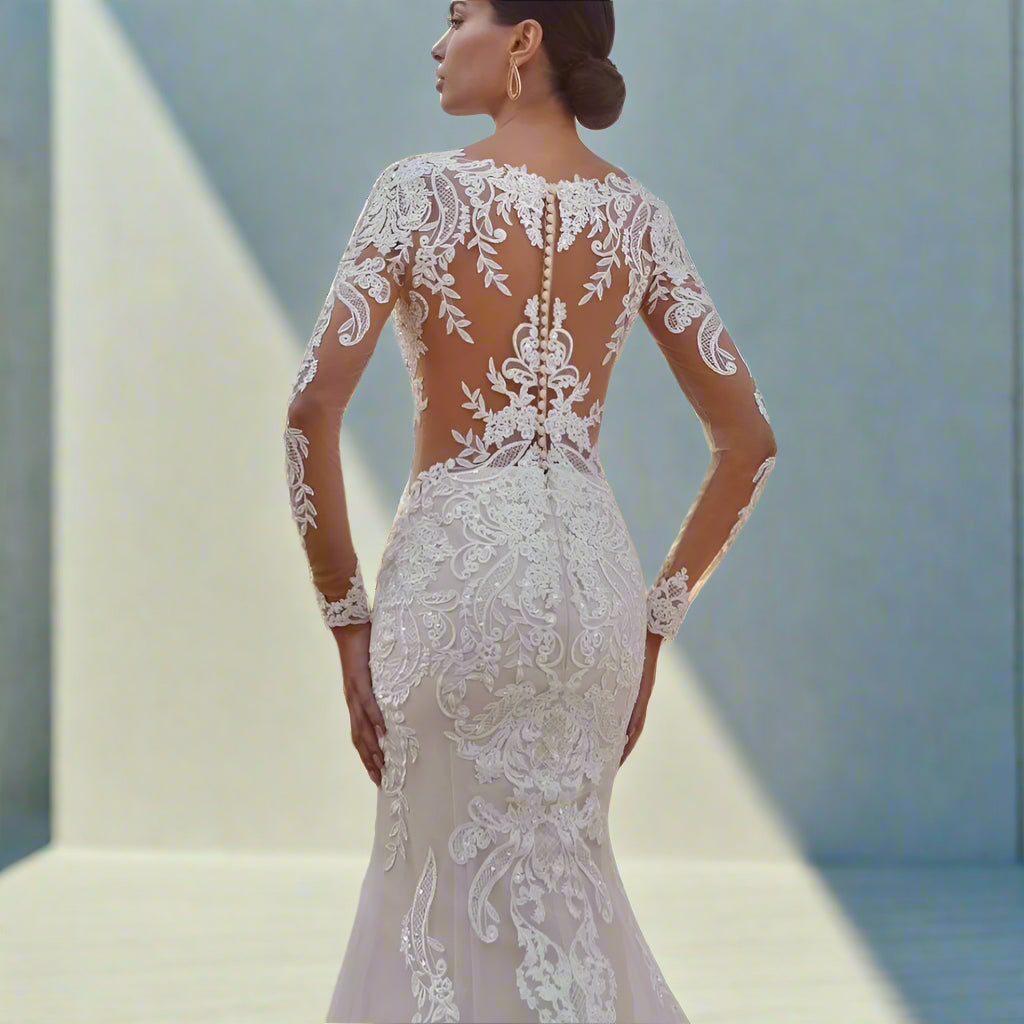 Mermaid Lace Wedding Dress with Scoop Neckline Applique Sleeves & Sweep Train - Lovez Aqua© - 