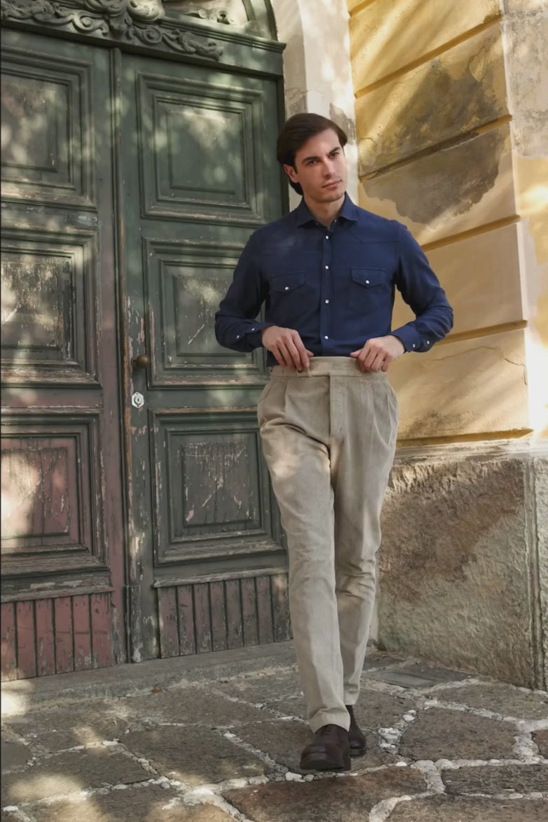 Men's Long Sleeve Button-Down Navy Blue Cotton & Viscose Shirt with Dual Pockets