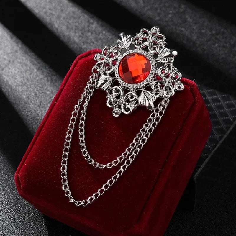 Men's Retro Baroque Style Crystal Brooch Vintage Tassel Chain Brooch - Lovez Aqua© - Silver Red
