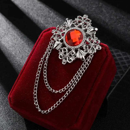 Men's Retro Baroque Style Crystal Brooch Vintage Tassel Chain Brooch - Lovez Aqua© - Silver Red