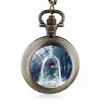 Disney's Beauty and the Beast Rose in Glass Dome Engraved Quartz Pocket Watch - Disney - Bronze