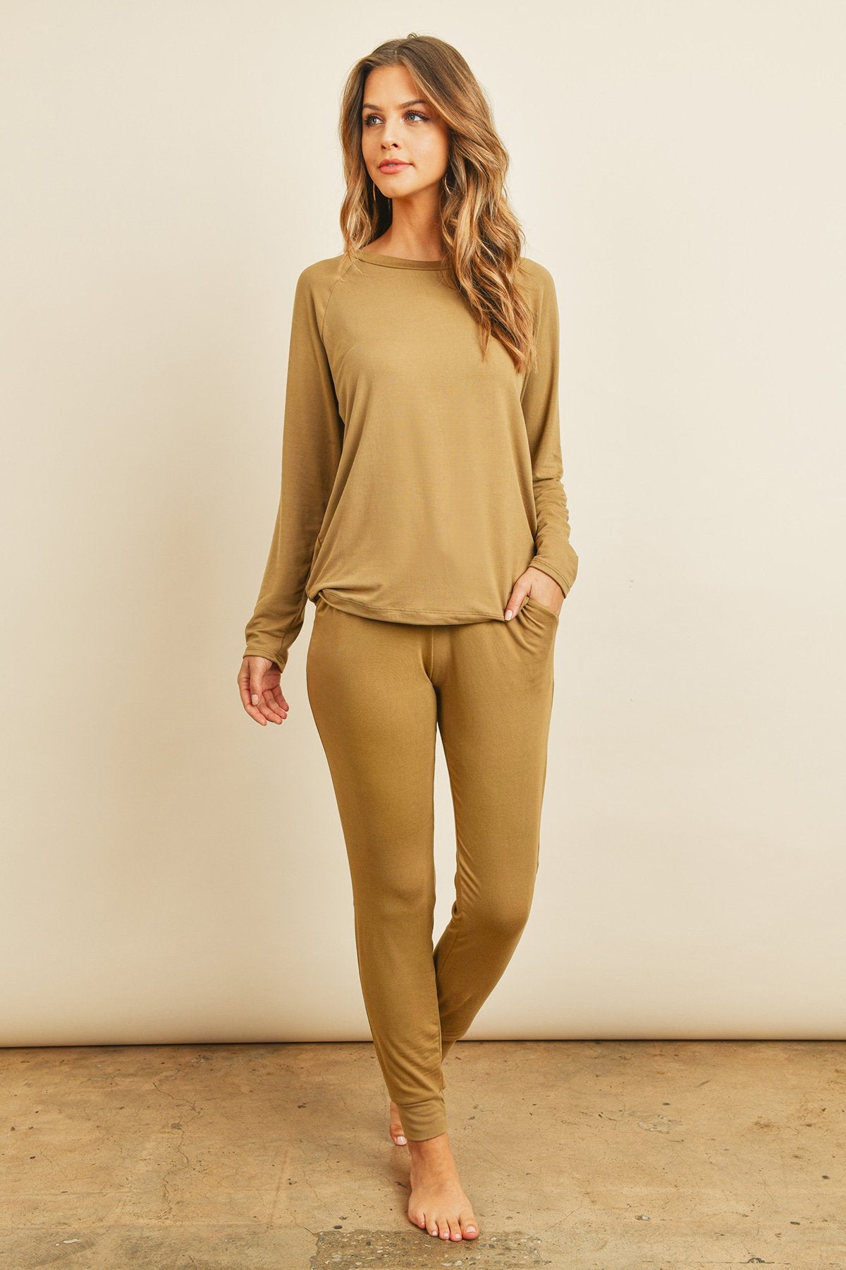 Women's Casual Solid Color Brushed Top & Jogger Bottom Set with Self Tie - Lovez Aqua© - Dark Camel / Small
