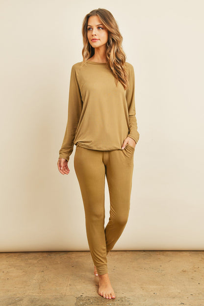 Women's Casual Solid Color Brushed Top & Jogger Bottom Set with Self Tie - Lovez Aqua© - Dark Camel / Small