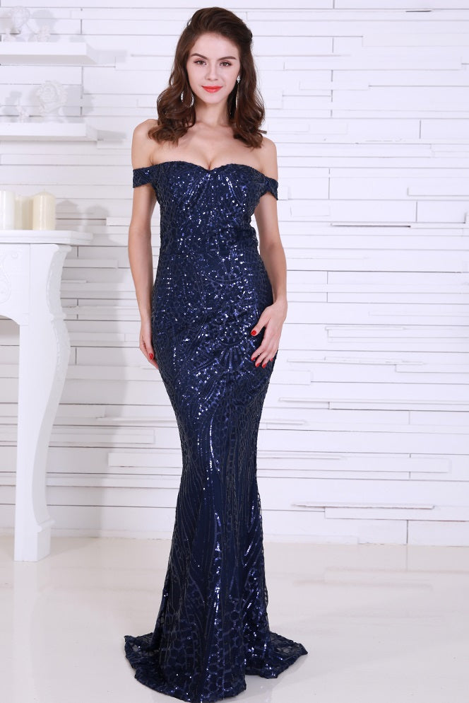 Off-the-Shoulder Navy Blue Sequined Fitted Gown with Sweetheart Neckline - Lovez Aqua© - 