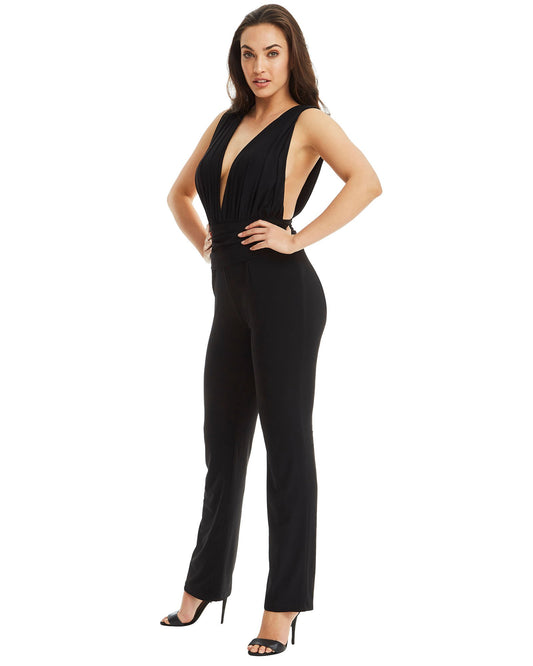 Women's Black Halter Neck Jumpsuit with Plunging V Neckline & Cinched Waist - Lovez Aqua© - 
