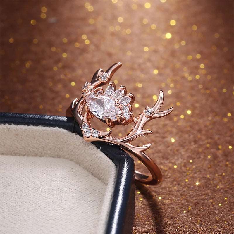 Delicate Gold Elk Antlers & Cubic Zirconia Crown Women's Ring - Lovez Aqua© - 