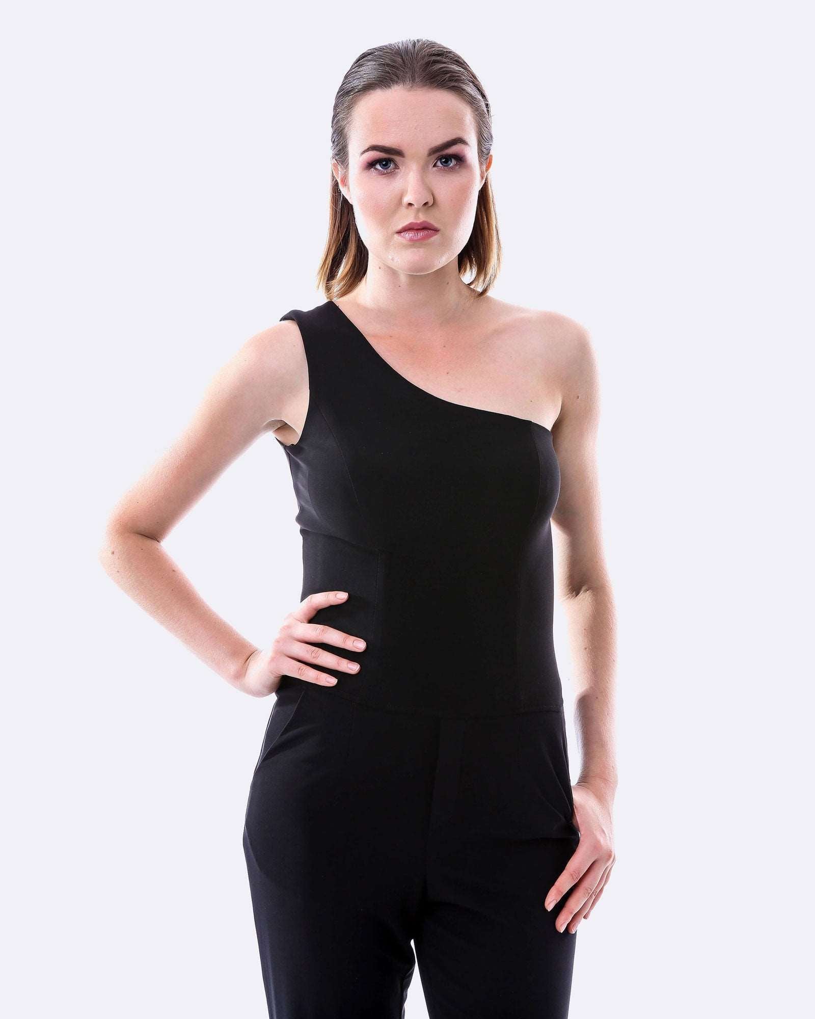 Women's Sleek Black Jersey One Shoulder Pantsuit - Lovez Aqua© - 