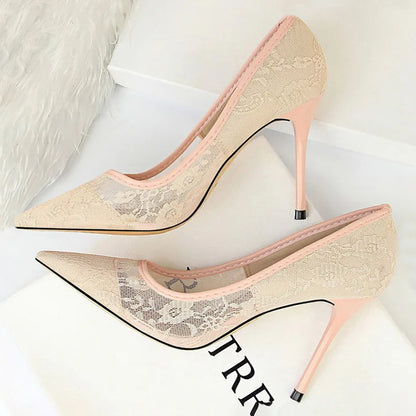 Women's Delicate Mesh Hollow Floral Lace Thin Stiletto High Heels - Lovez Aqua© - Pink / 37