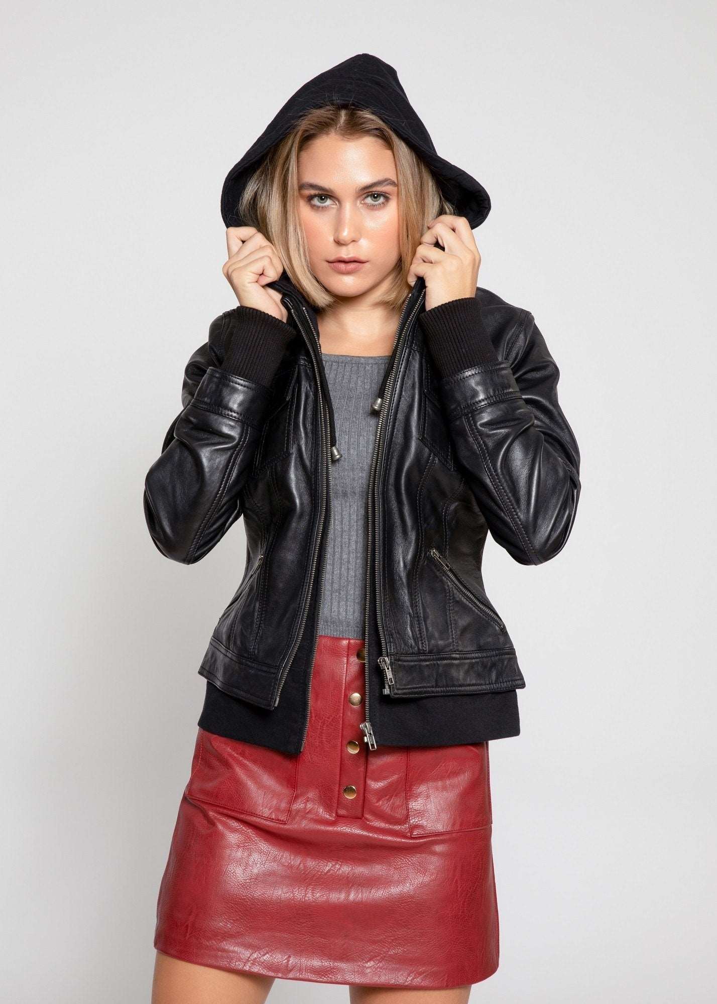 Women's Genuine Lambskin Leather Jacket with Fleece Hoodie & Pockets - Lovez Aqua© - 
