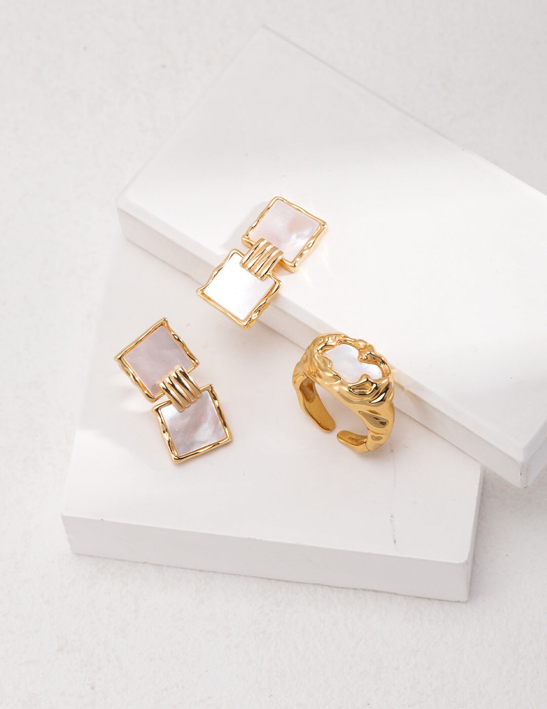 Women's Stylish 18K Gold-Plated Vermeil Square Shell Pendant Dangle Earrings - Lovez Aqua© - 