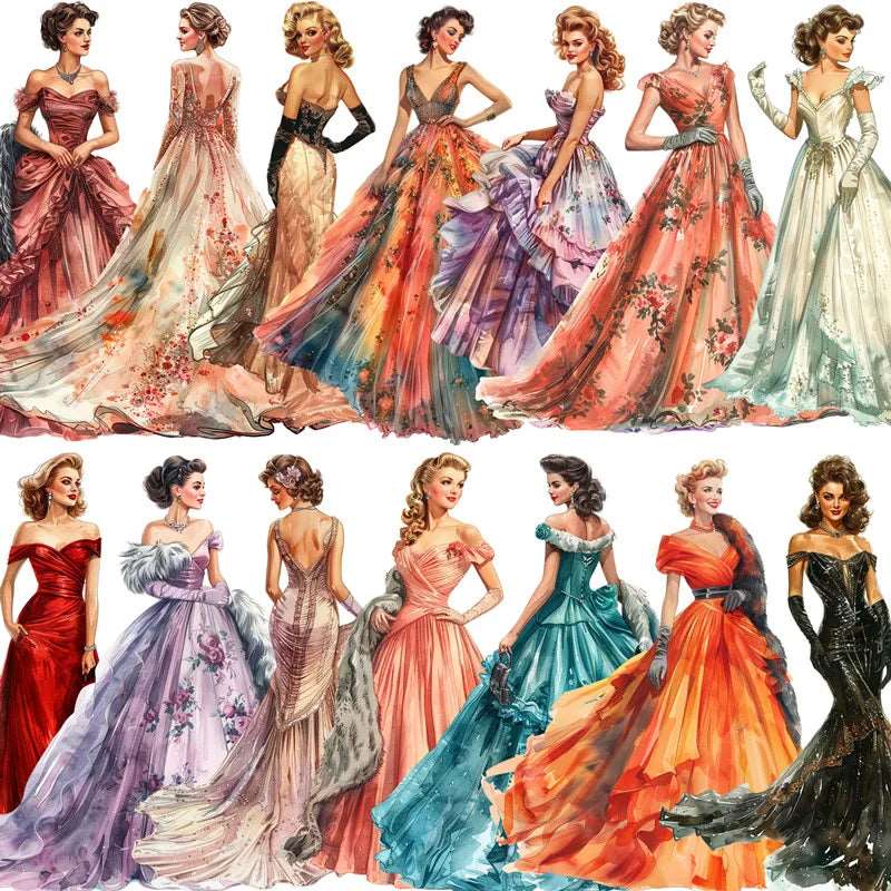 Vintage Classic & Modern Women's Elegant Evening Gown's Stickers (20 Pieces) - Lovez Aqua© - 