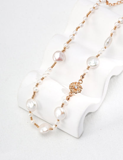 Women's 18K Gold-Plated Vermeil Baroque Flower & Natural Pearl Necklace - Lovez Aqua© - 