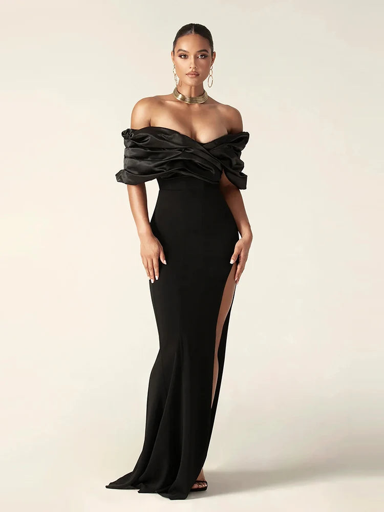 Women's Black Satin Ruffle Shoulder Bodycon High Slit Maxi Evening Dress - Lovez Aqua© - 