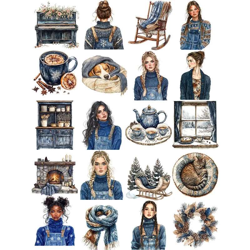 Vintage Rustic Blue & Brown Winter Girl Indoor Cozy Christmas Stickers (20 Pcs) - Lovez Aqua© - Default Title