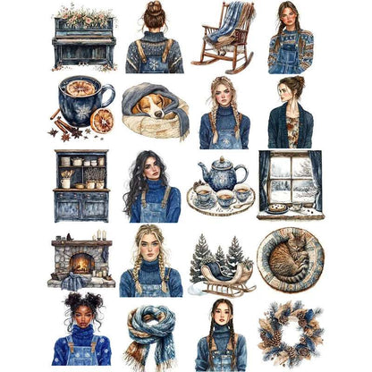 Vintage Rustic Blue & Brown Winter Girl Indoor Cozy Christmas Stickers (20 Pcs) - Lovez Aqua© - Default Title