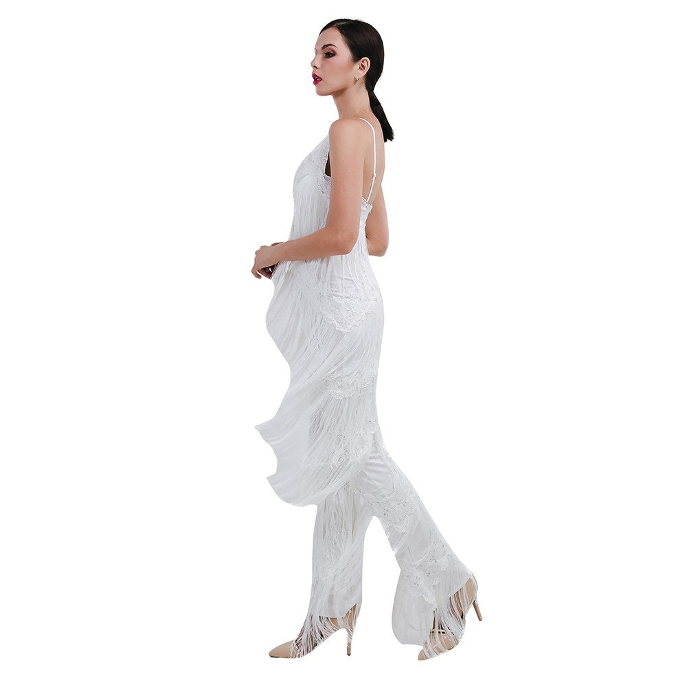 Women's White Tassel Loose Fit Flared Jumpsuit - Lovez Aqua© - 
