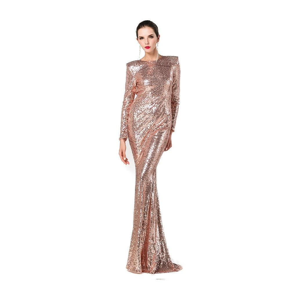 Women's Gold Sequined Long Sleeve Floor Length Ball Gown - Lovez Aqua© - 