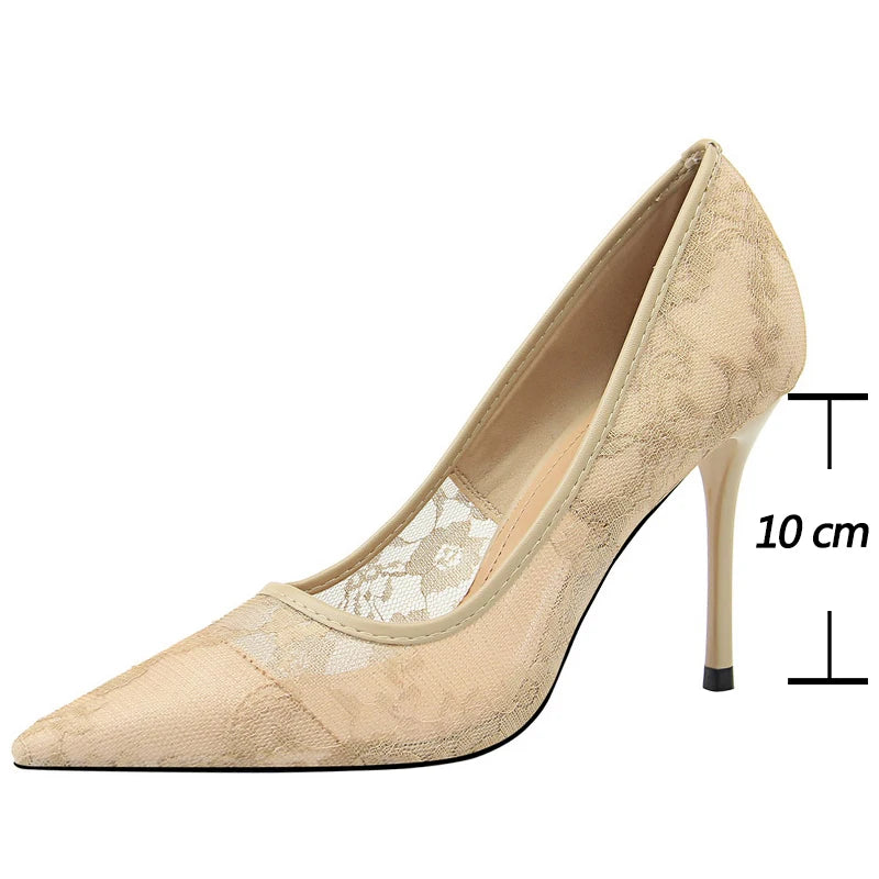 Women's Delicate Mesh Hollow Floral Lace Thin Stiletto High Heels - Lovez Aqua© - 