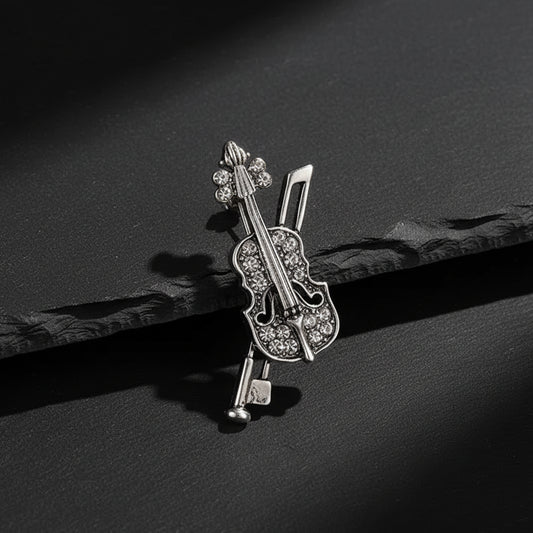 Men's Luxury Crystal Musician's Violin Brooch - Lovez Aqua© - Antique Silver