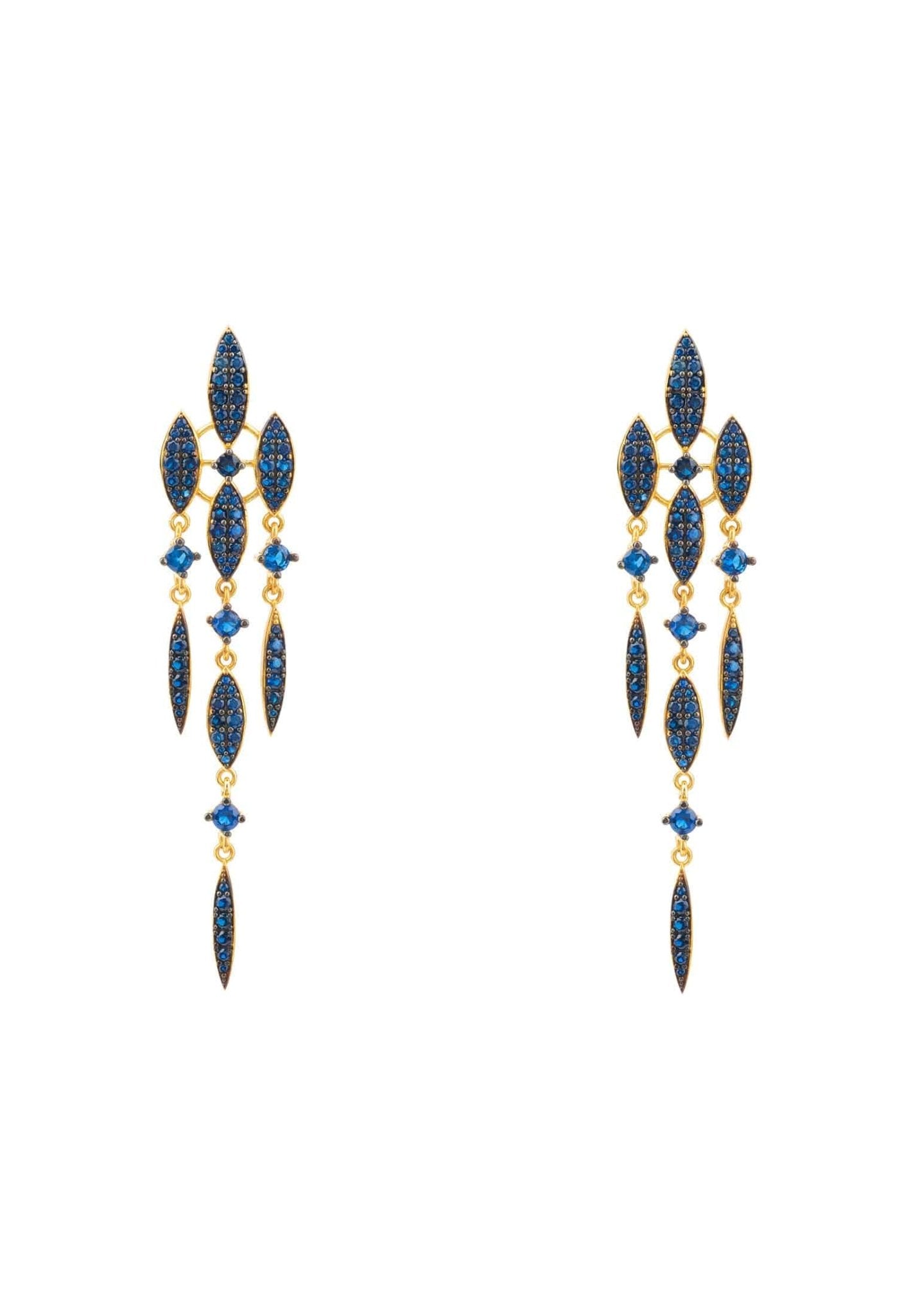 Women's Luxury Sapphire Blue Cubic Zirconia Gold Flat Back Drop Earrings - Lovez Aqua© - 
