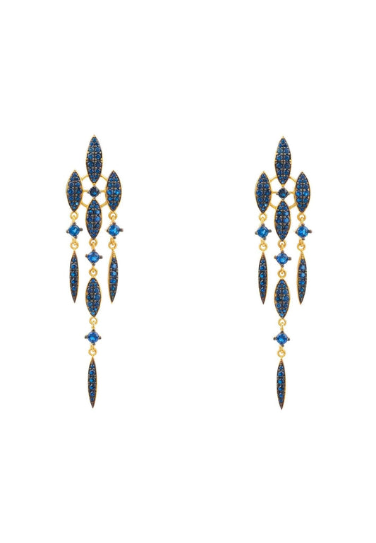 Women's Luxury Sapphire Blue Cubic Zirconia Gold Flat Back Drop Earrings - Lovez Aqua© - 
