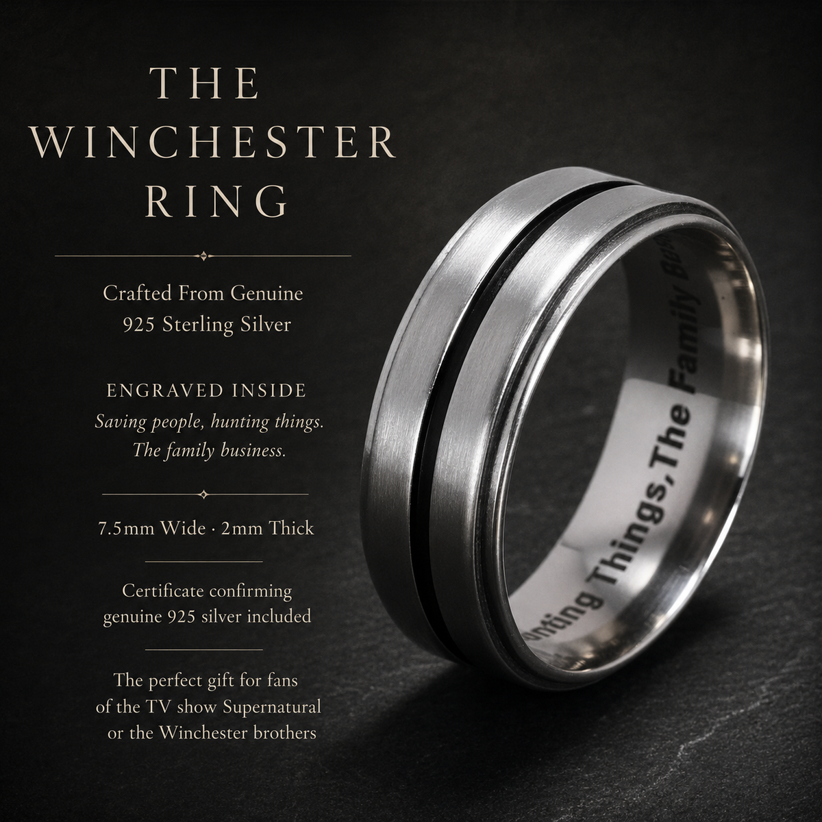 Dean Winchester 925 sterling silver Supernatural ring with engraved Family Business quote and product specifications