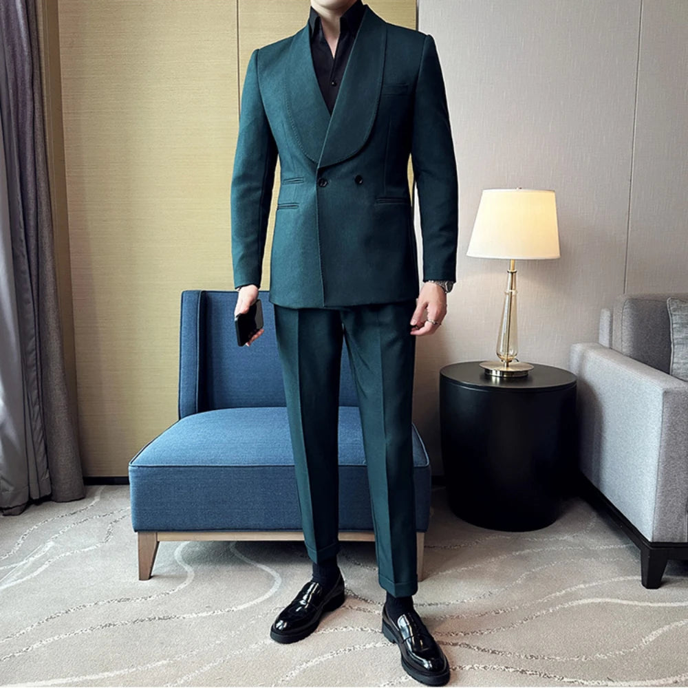 Men's Teal Double Breasted Formal 2 Piece Suit Set (Jacket & Pants) - Lovez Aqua© - 