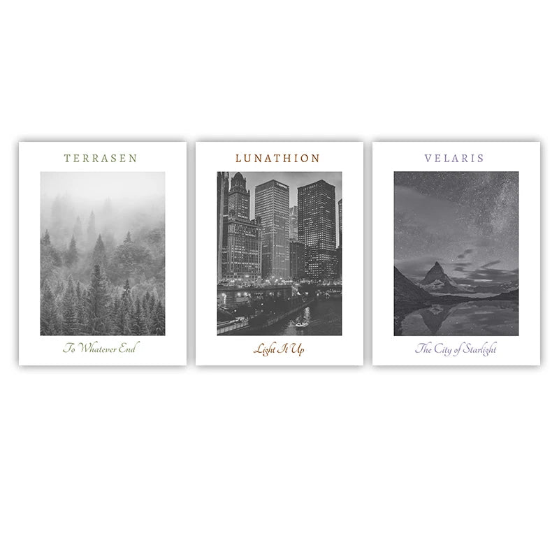 Sarah J Maas ACOTAR, Crescent City & Throne of Glass Landscape Wall Art Print - ACOTAR - 3 Piece Set - Black & White / 40x50 cm No Frame