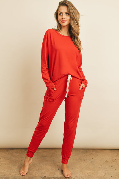 Women's Casual Solid Color Brushed Top & Jogger Bottom Set with Self Tie - Lovez Aqua© - Real Red / Small