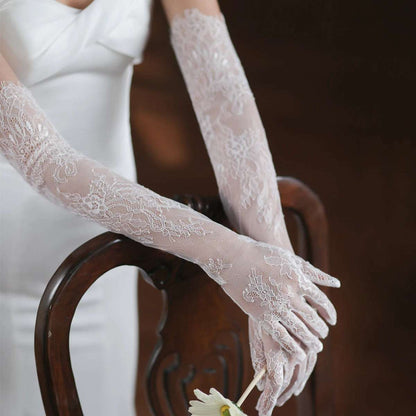 Women's White Long Eyelash Edge Appliquéd Lace Bridal Wedding Gloves - Lovez Aqua© - 