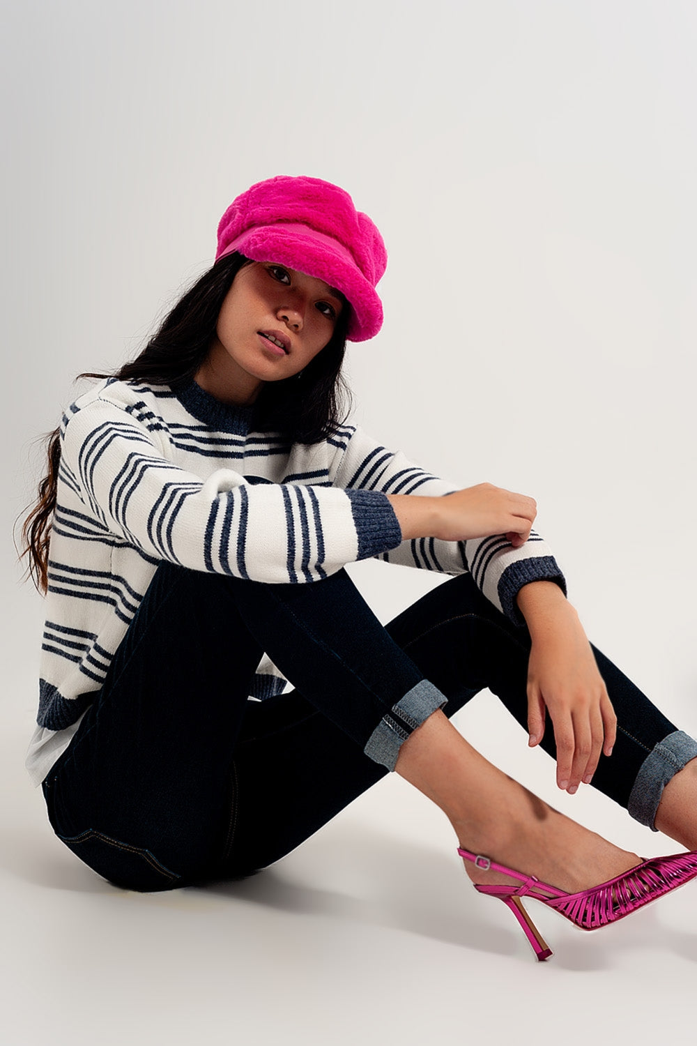 Women's Blue & White Striped Long Sleeved Winter Pullover Sweater - Lovez Aqua© - 