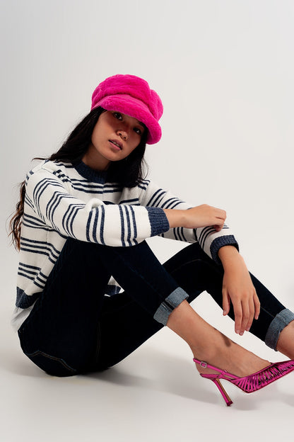 Women's Blue & White Striped Long Sleeved Winter Pullover Sweater - Lovez Aqua© - 