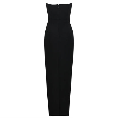 Women's Black Sleeveless Bodycon Maxi Dress with High Slit & Rhinestone Roses - Lovez Aqua© - 