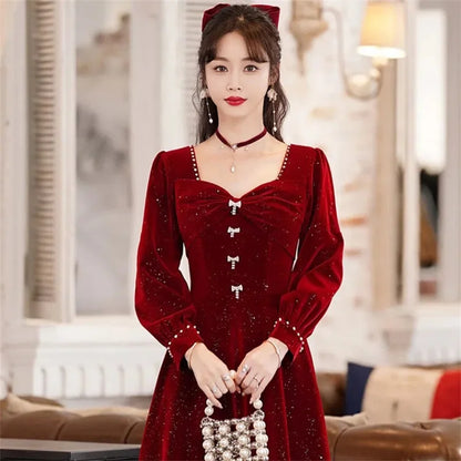 Burgundy Glitter Velvet Evening Gown with Square Neckline & Puff Sleeves - Lovez Aqua© - 