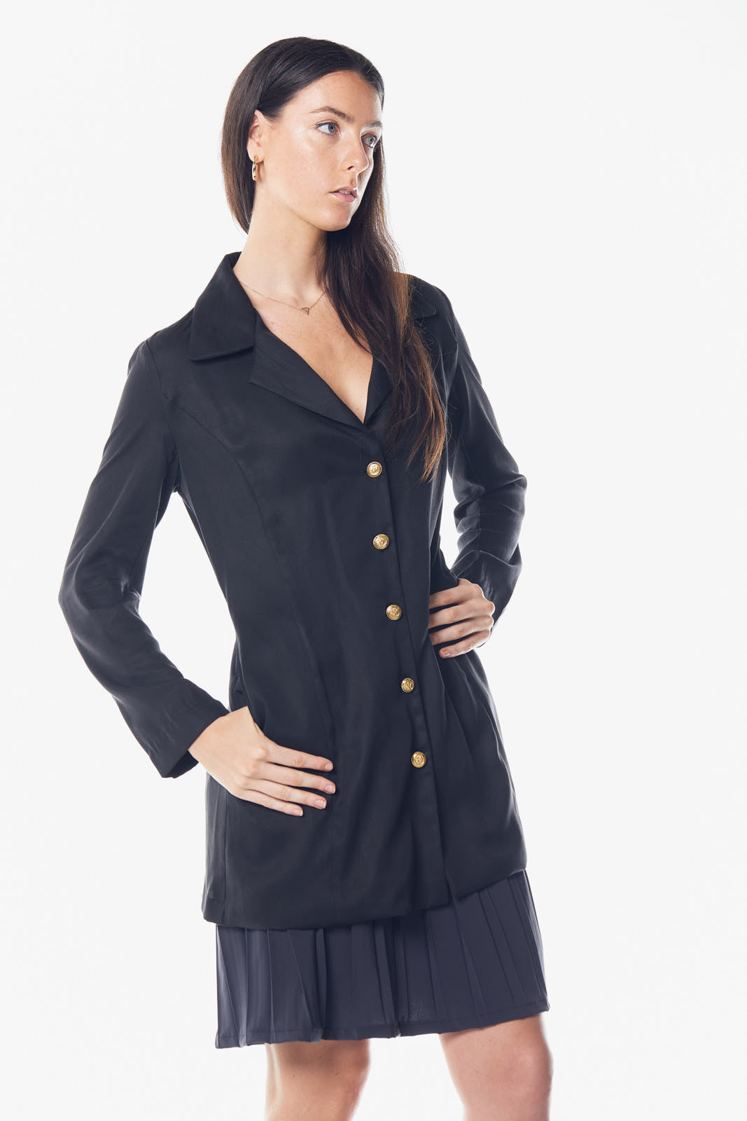 Women's Outdoor Black Linen Long Shirt Jacket with Gold Buttons - Lovez Aqua© - 
