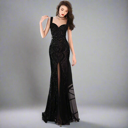 Women's Embroidered Sleeveless Mermaid Evening Dress With Beading & Sheer Train - Lovez Aqua© - Black / S