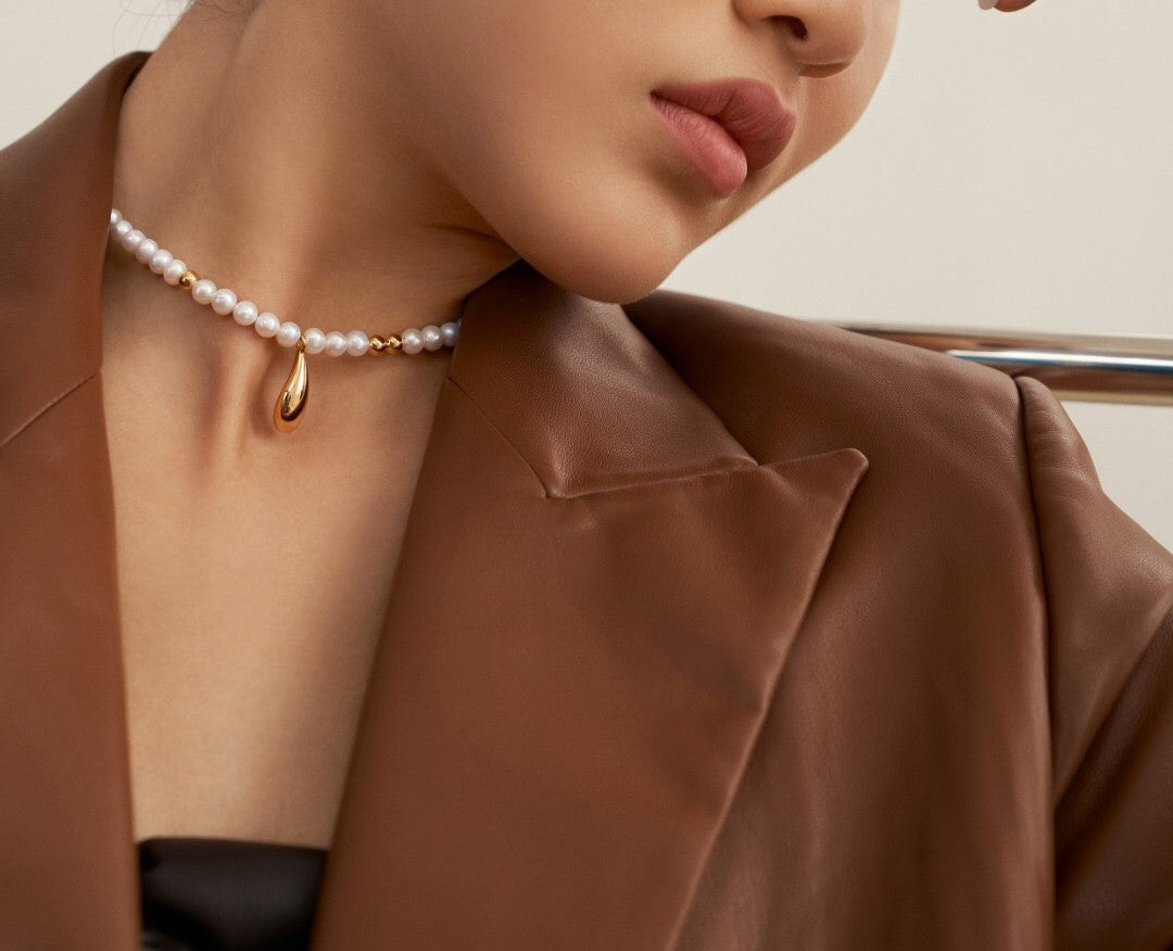 Women's Dainty 18K Gold-Plated Vermeil Raindrop Pearl Beaded Necklace - Lovez Aqua© - 