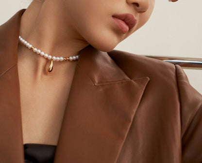 Women's Dainty 18K Gold-Plated Vermeil Raindrop Pearl Beaded Necklace - Lovez Aqua© - 