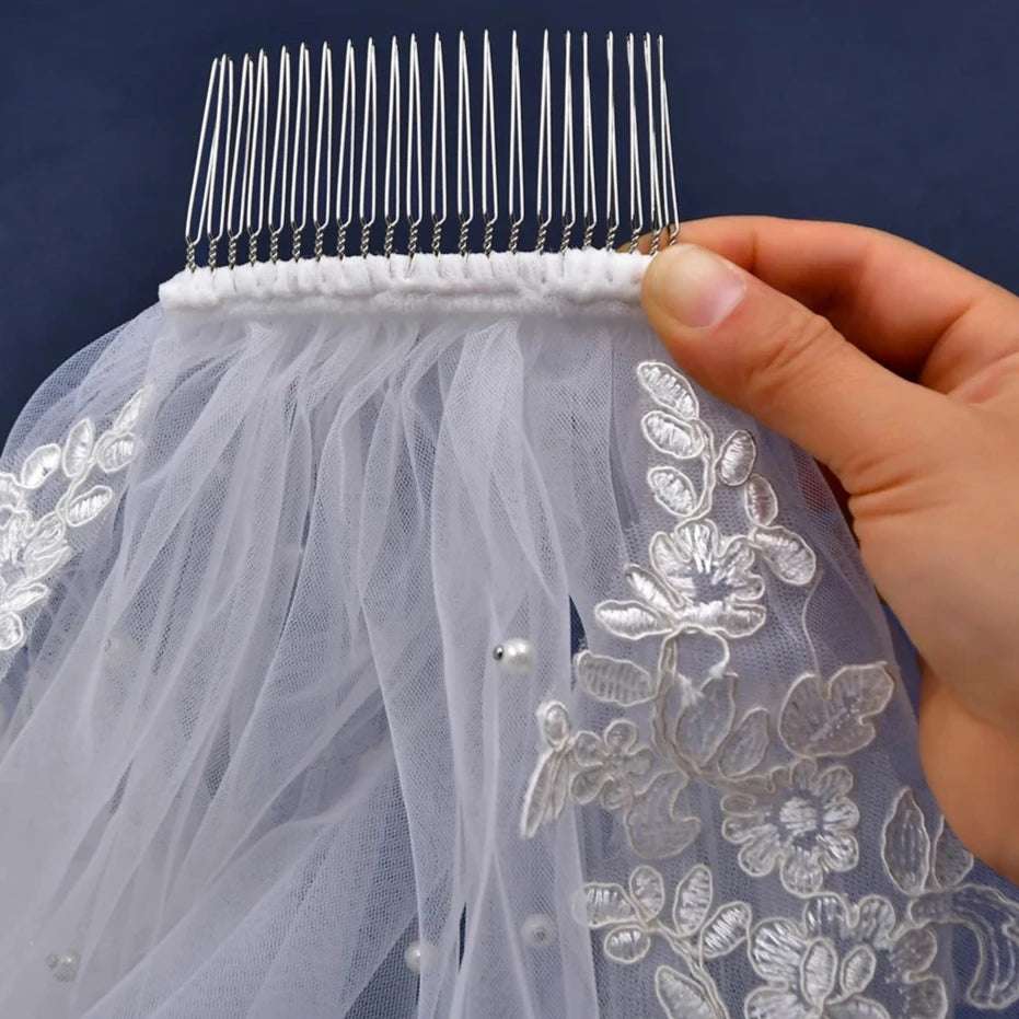 White Faux Pearl Beaded Cathedral Length Laced Edge Long Bridal Wedding Veil - Lovez Aqua© - 
